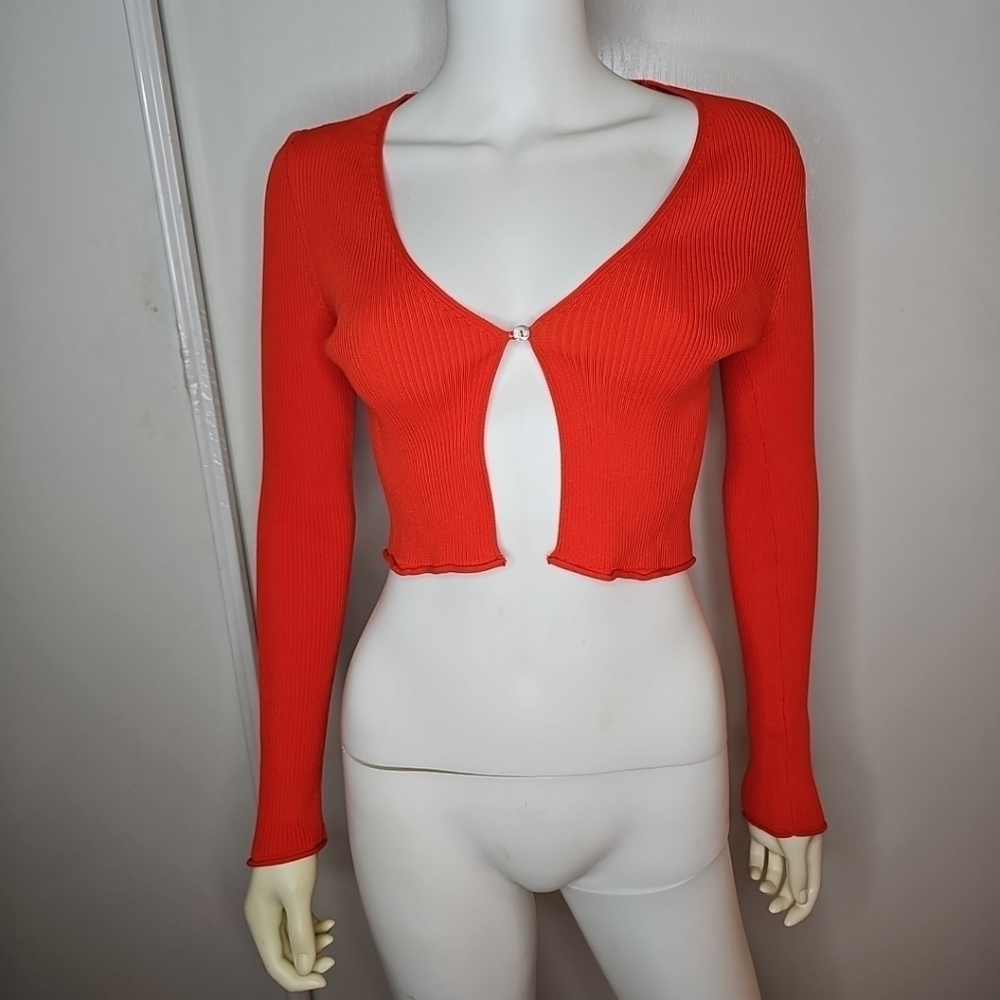 ZARA Ribbed Cropped Cardigan Coral With Abalone Shell Button Womens Long Sleeves